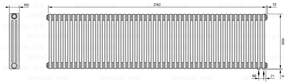 Схема (чертеж) Радиатор Zehnder Charleston 3100/47 №5510 Белый глянцевый RAL 9016
